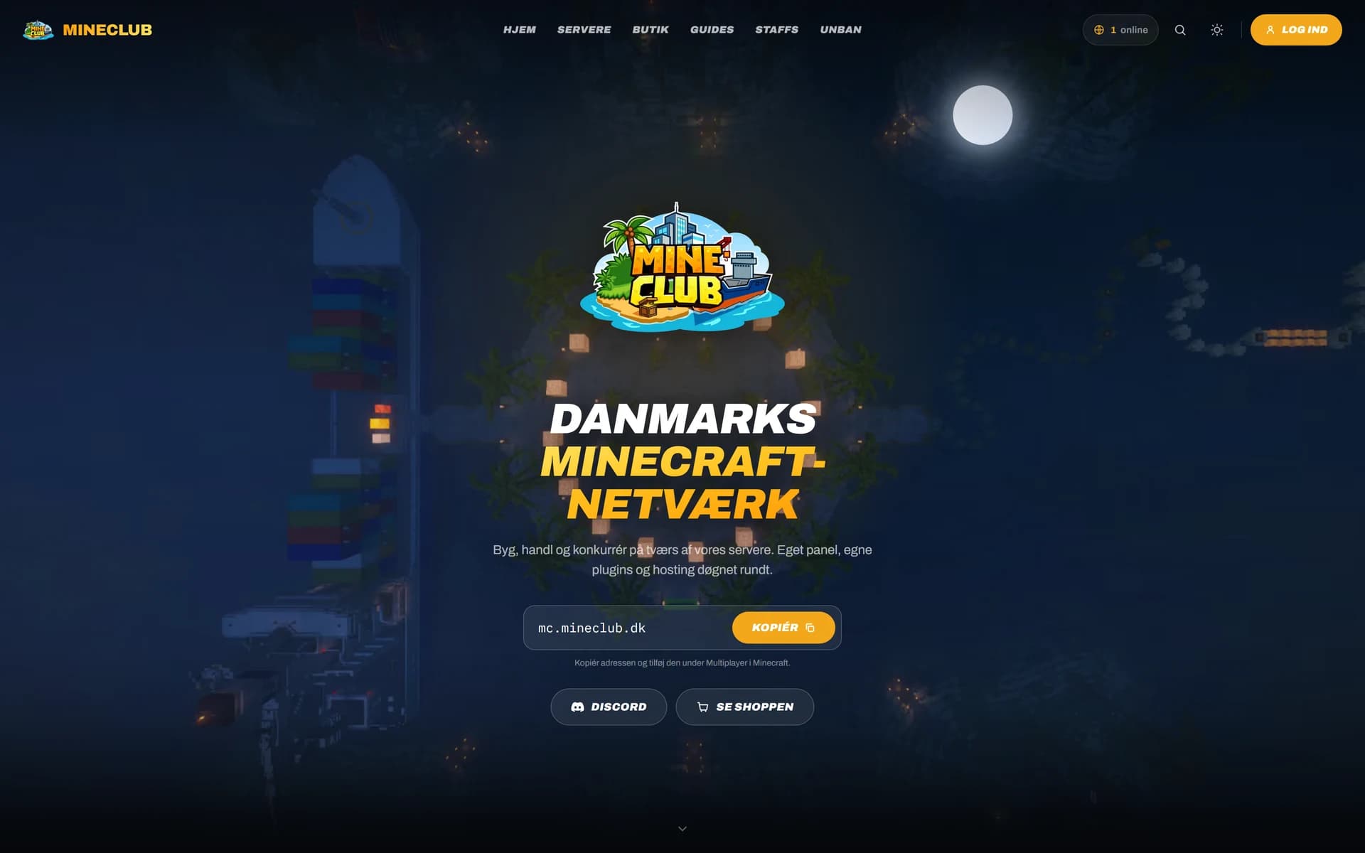 The MineClub website shown on a dark Minecraft scene